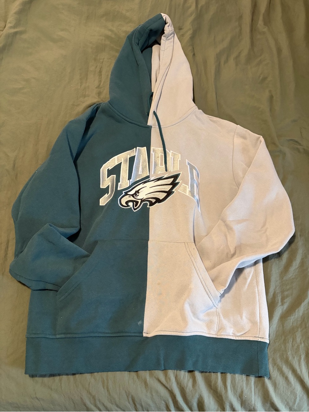 NFL Two-Tone Teal and Light Gray Split Crewneck Hoodie with Eagles Logo